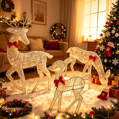 🦌 50% KORTING – Verlichte Kerst Rendierfamilie van 3 Delen | LED-strik & Stevig Smeedijzeren Frame | Voor Binnen en Buiten