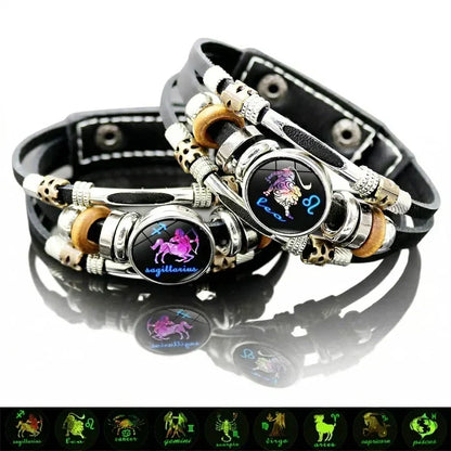 Glow-in-the-Dark-armband met 12 sterrenbeelden van leer voor mannen en vrouwen (6,9/8,1 inch