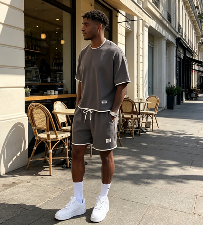 🎉 TIJDELIJKE AANBIEDING: 50% KORTING! 👕 Set met T-shirt en korte broek van wafelbreisel voor heren – verkoelende stof en relaxte pasvorm 💙