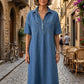 ✨TOP TREND🌈💙 Tencel Denim Midi Jurk, Koele Zijdezachte Stof, Verbergt Lichaamsoneffenheden
