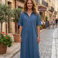 ✨TOP TREND🌈💙 Tencel Denim Midi Jurk, Koele Zijdezachte Stof, Verbergt Lichaamsoneffenheden
