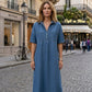✨TOP TREND🌈💙 Tencel Denim Midi Jurk, Koele Zijdezachte Stof, Verbergt Lichaamsoneffenheden