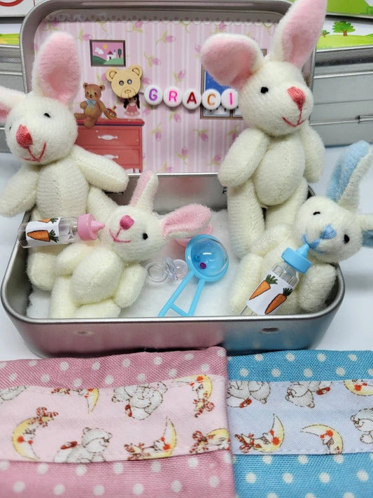 🔥Het beste paascadeau - KOOP 1, KRIJG 1 GRATIS!!🎁🐇Konijntje-mama in een klein pluche blikken doosje