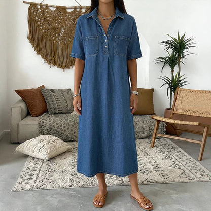 ✨TOP TREND🌈💙 Tencel Denim Midi Jurk, Koele Zijdezachte Stof, Verbergt Lichaamsoneffenheden