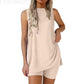 Mouwloze dames-set met ronde hals, 2-delige set, zomerse bijpassende loungeshorts, resort-, luchthaven- en reisoutfit, splitzoom, casual kleding, basic, getailleerd, thuiskleding