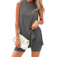 Mouwloze dames-set met ronde hals, 2-delige set, zomerse bijpassende loungeshorts, resort-, luchthaven- en reisoutfit, splitzoom, casual kleding, basic, getailleerd, thuiskleding