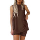 Mouwloze dames-set met ronde hals, 2-delige set, zomerse bijpassende loungeshorts, resort-, luchthaven- en reisoutfit, splitzoom, casual kleding, basic, getailleerd, thuiskleding