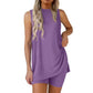 Mouwloze dames-set met ronde hals, 2-delige set, zomerse bijpassende loungeshorts, resort-, luchthaven- en reisoutfit, splitzoom, casual kleding, basic, getailleerd, thuiskleding