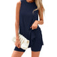 Mouwloze dames-set met ronde hals, 2-delige set, zomerse bijpassende loungeshorts, resort-, luchthaven- en reisoutfit, splitzoom, casual kleding, basic, getailleerd, thuiskleding