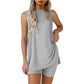 Mouwloze dames-set met ronde hals, 2-delige set, zomerse bijpassende loungeshorts, resort-, luchthaven- en reisoutfit, splitzoom, casual kleding, basic, getailleerd, thuiskleding