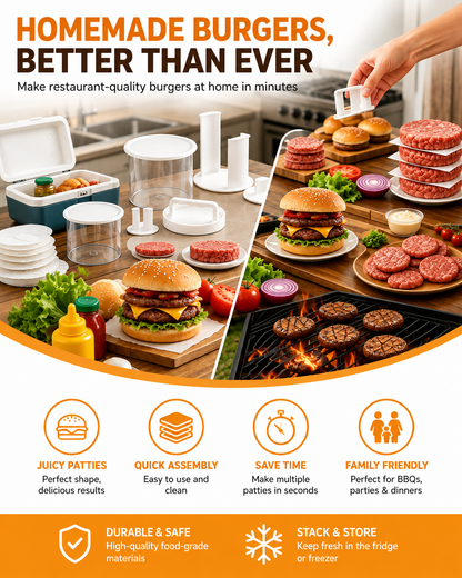 Hamburgerpers – Keukengereedschap voor het maken van gelijkmatige, zelfgemaakte hamburgers, stapelbare hamburgerpers en opbergbakje voor hamburgers, geschikt voor barbecues, grillen en het bereiden van maaltijden