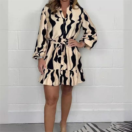 🔥🍃Zomer beperkte tijd 50% korting--Casual Onregelmatig Gestreepte Revers Overhemdjurk met Stropdas in Taille