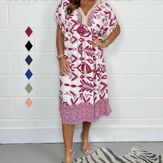 🌟Hot sale--50% korting🌟Gedrukte Casual Jurk met V-Hals en Franjes aan de Korte Mouwen