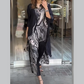 🔥TWEEDELIGE DAMESSET MET CASUAL REVERSPRINT, ZWART OVERHEMD EN BROEK