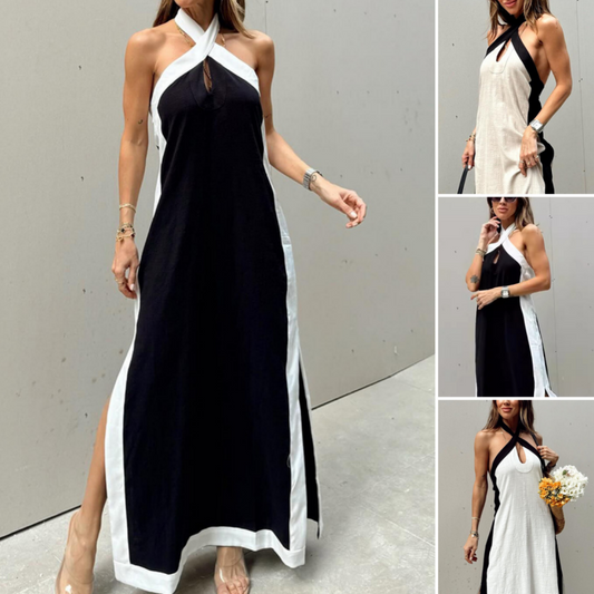 💕Beperkte uitverkoop 50% KORTING💕Dames rugloze halternek split maxi-jurk – Moeiteloze elegantie wacht op u!