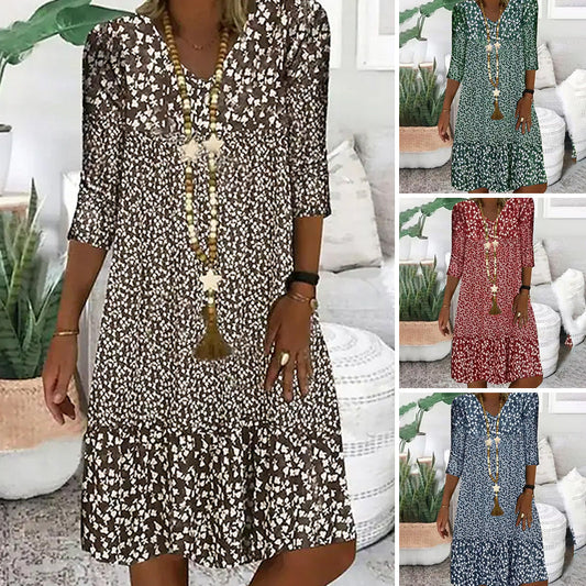 Damesmode Gedrukte Jurken met V-hals en Mid Sleeve