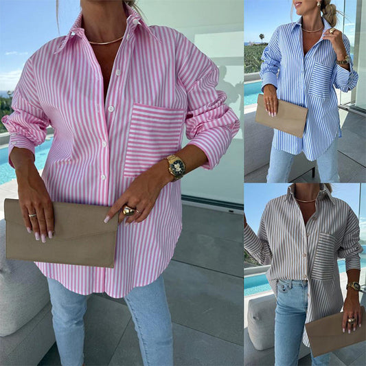 💕Beperkte Uitverkoop 50% UIT💕Vrouwen Lange Mouwen Casual Gestreept Los Overhemd Halverwege de Lengte