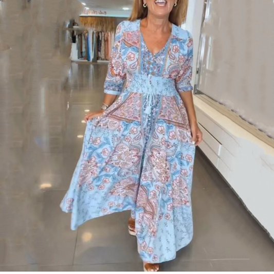 🔥Zomer Sale - 50% UIT🔥 Elegante lange jurk met bloemenprint en tunnelkoord voor dames