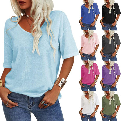 💖Tijdelijke korting - 49% korting💖Effen V-hals T-shirt voor dames