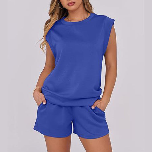💕2025 Hot Sale 49% UIT🔥2025 Nieuwe Dames Cap Sleeve Crewneck Top & Drawstring Shorts 2-Delige Set