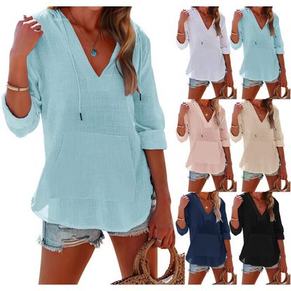 ⏳ Beperkte tijd 50% korting!  Dames longsleeve met V-hals, capuchon en zak in effen kleur
