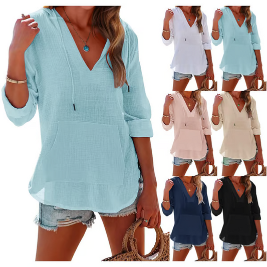 ⏳ Beperkte tijd 50% korting!  Dames longsleeve met V-hals, capuchon en zak in effen kleur