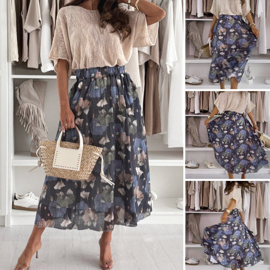 Witte Top & Blauwe Gedrukte Rok 2-Delig Set
