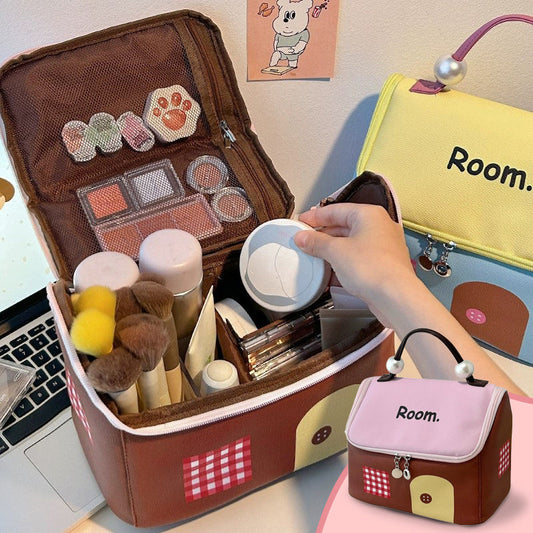 🌞Grote Capaciteit Color-Block Cartoon Huis-Vormige Handheld Cosmetische Tas😉