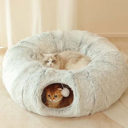 2-in-1 Opvouwbare Zachte Ronde Kattentunnelbed voor Binnen