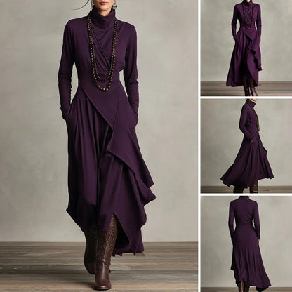 🎅 Kerst uitverkoop – 50% korting! 🎉 Elegante Asymmetrische Maxijurk met Hoge Kraag voor Dames 💜👗