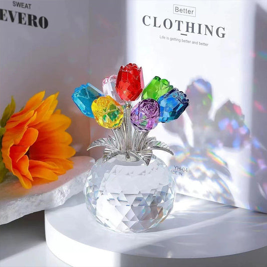 🏆Valentijnsdag Hot Sale 50% KORTING❤️ Kristallen kleurrijke rozenbloem verzamelbeeldje met vaas