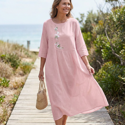 💘Valentijnsaanbieding: 50% Korting!🌸Dames Casual Losvallende Midi-Jurk met Borduursel – Comfortabel & Elegant voor Zomer!