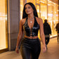 V-Neck Faux Leather Corset-Style Top