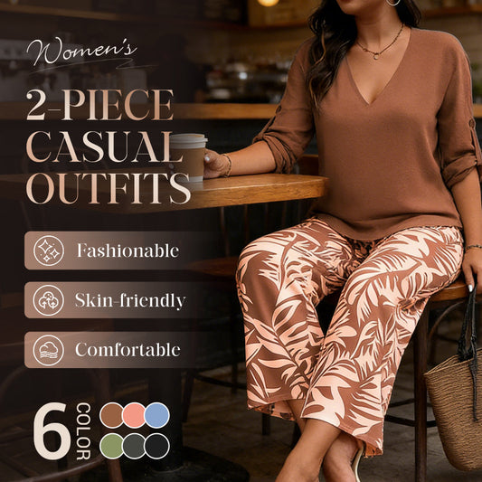 🥳 2026 MEGA-UITVERKOOP: 53% KORTING! 🥳 💞Dames set: blouse met V-hals en bedrukte broek met wijde pijpen