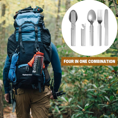 🌞Fris De Lente In Met 50% Korting!🥄4-in-1 Draagbare Bestekset van Roestvrij Staal – Vork, Lepel, Mes + Flessenopener, Compact & Lichtgewicht voor Picknick en Reizen