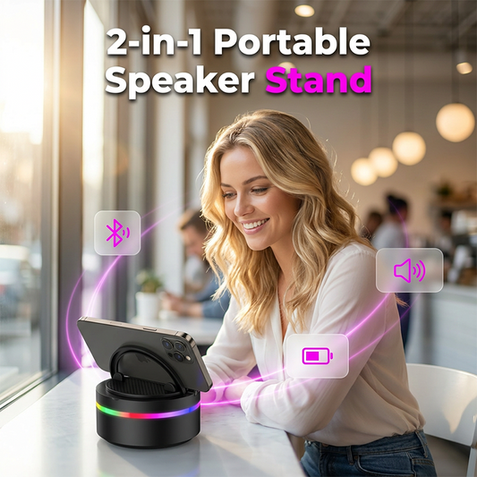 🌞Fris De Lente In Met 50% Korting!🎵Draagbare Bluetooth Speaker met Telefoonhouder & RGB-Verlichting – Handsfree Kijken en Genieten van Muziek