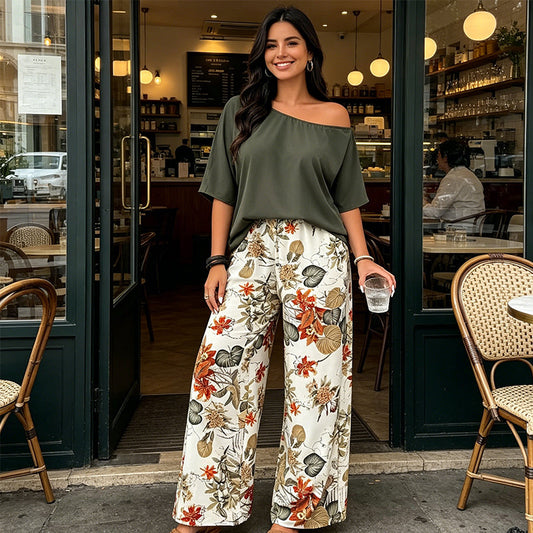 🔥TIJDELIJK KORTING Dames tweedelige set tropische print asymmetrische hals vakantieoutfit🌴💃