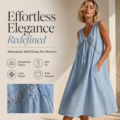 🌿 Mouwloze Damesjurk met V-hals – Luchtig, Elegant & Afgewerkt met Fijne Kanten Details ✨