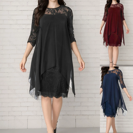 👗Elegante jurk met hoge en lage zoom en kanten overlay voor dames