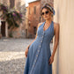 👗 Denim Jurk voor Dames – Mouwloos, V-Hals & Open Rug | Comfortabele Zomerstijl ☀️