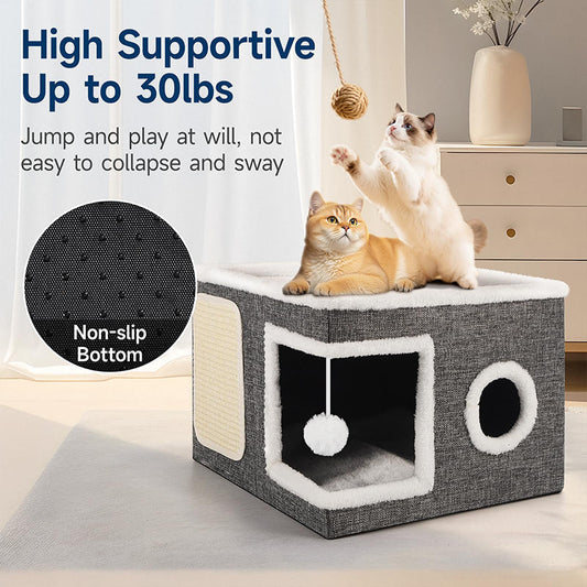 🐾 Tijdelijke Korting! – Opvouwbaar 2-in-1 Kattenhuis met 2 Niveaus & Geïntegreerde Krabpaal | Comfortabele Rustplek voor Katten | Ruimtebesparend & Draagbaar