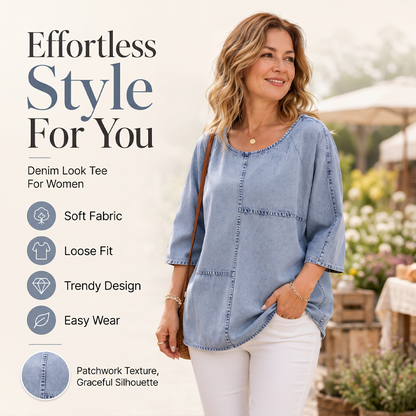 💙 Denimlook Dames T-shirt – Korte Mouwen, Comfortabele Pasvorm & Makkelijk Te Combineren
