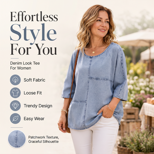 💙 Denimlook Dames T-shirt – Korte Mouwen, Comfortabele Pasvorm & Makkelijk Te Combineren