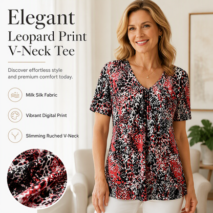 🎉Grote uitverkoop 2026: 50 % korting💞 Dames-T-shirt met V-hals, luipaardprint en korte mouwen – geplooide tuniek