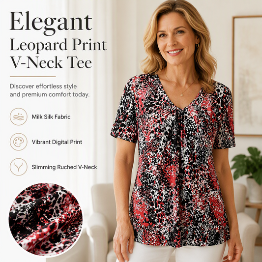 🎉Grote uitverkoop 2026: 50 % korting💞 Dames-T-shirt met V-hals, luipaardprint en korte mouwen – geplooide tuniek